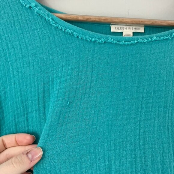 Eileen Fisher Gauzy Cotton Teal Blue Frayed Hem Top Size Large - Picture 5 of 6